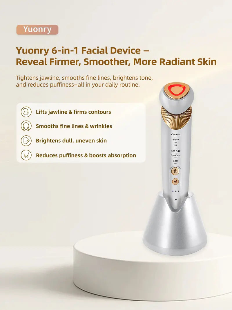 6-in-1 Facial Device: Microcurrent, 5-Color Light Therapy, Heat & Cooling for Face, Eye & Neck Lift