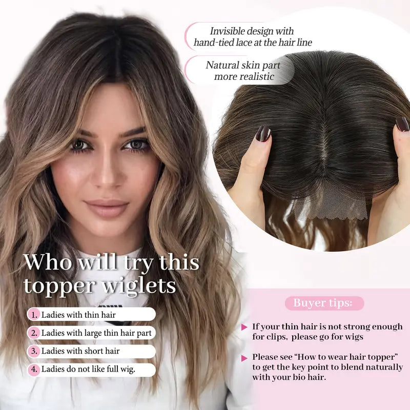 Premium Kanekalon Wavy Hairpiece with Bangs - 20 Inch Natural Look Clip-In Topper for Instant Volume