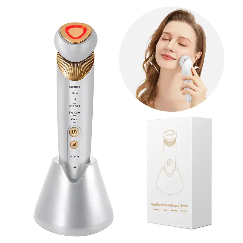 6-in-1 Facial Device: Microcurrent, 5-Color Light Therapy, Heat & Cooling for Face, Eye & Neck Lift