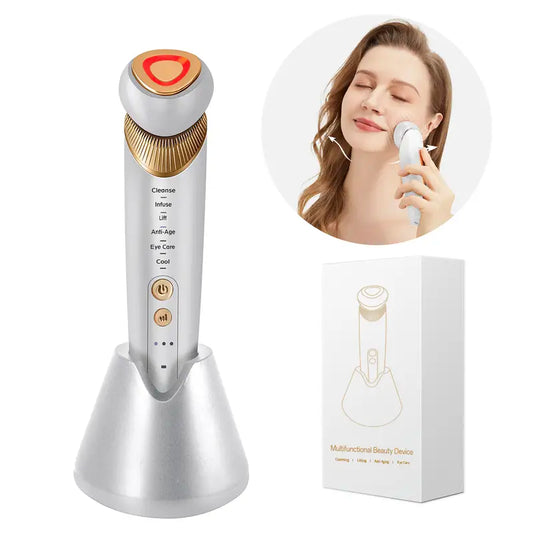 6-in-1 Facial Device: Microcurrent, 5-Color Light Therapy, Heat & Cooling for Face, Eye & Neck Lift