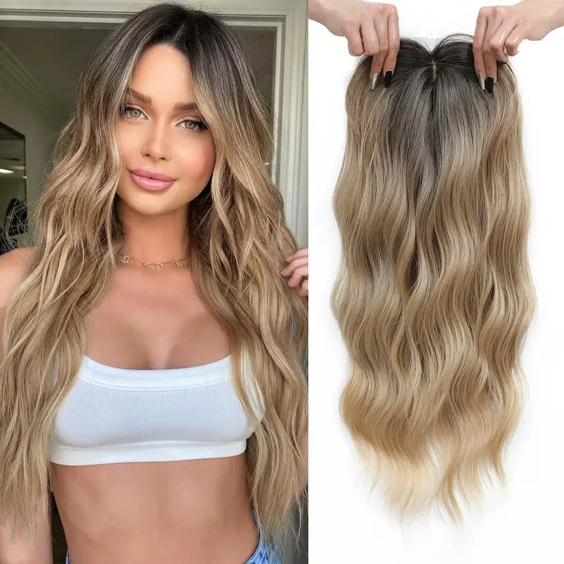 Premium Kanekalon Wavy Hairpiece with Bangs - 20 Inch Natural Look Clip-In Topper for Instant Volume