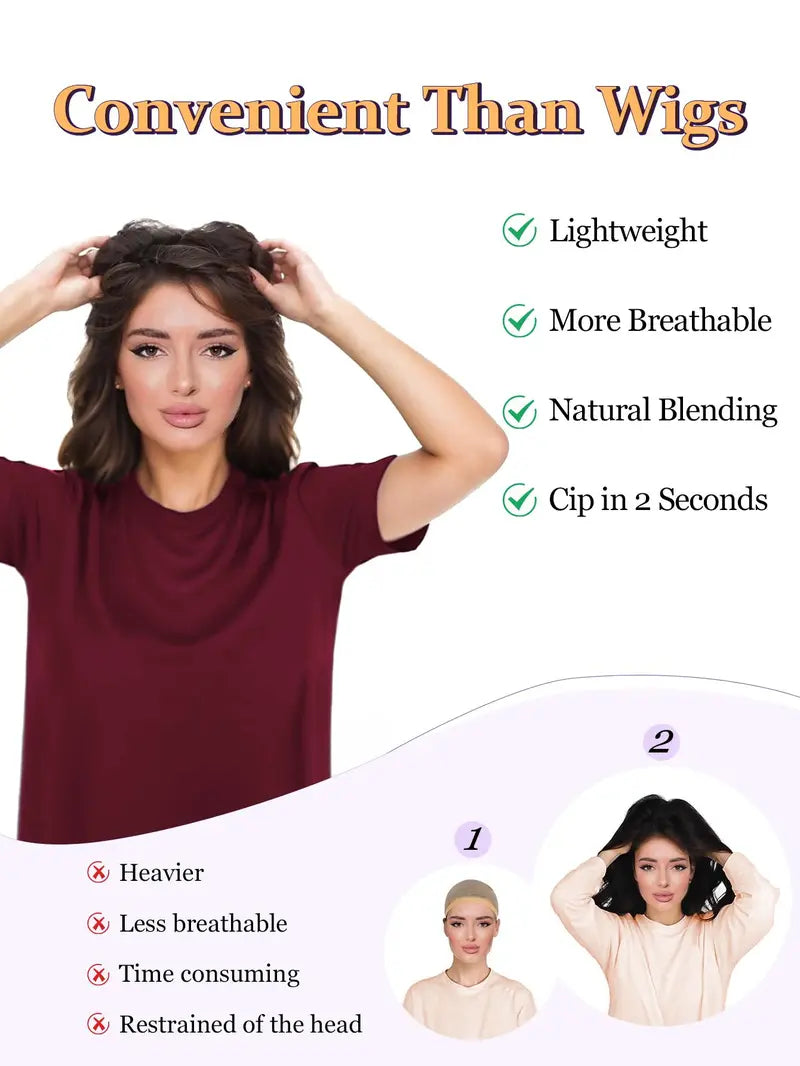 Premium Kanekalon Wavy Hairpiece with Bangs - 20 Inch Natural Look Clip-In Topper for Instant Volume